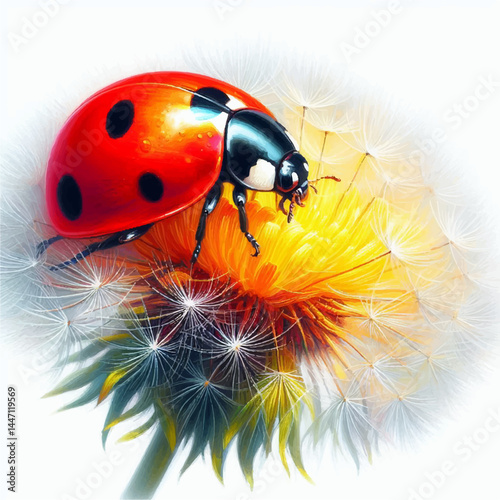 Ladybug on Dandelion: A vibrant ladybug, resplendent in its red and black spotted shell, delicately rests on a fluffy, sunlit dandelion.