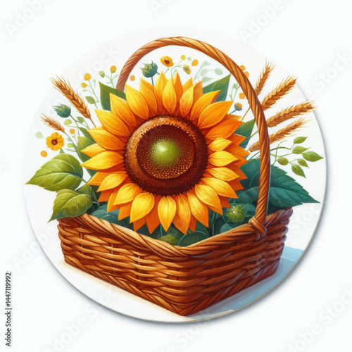 Sunflower in Basket: A vibrant sunflower, its golden petals bursting with life, rests gracefully within a woven basket, surrounded by sprigs of wheat and lush green foliage.