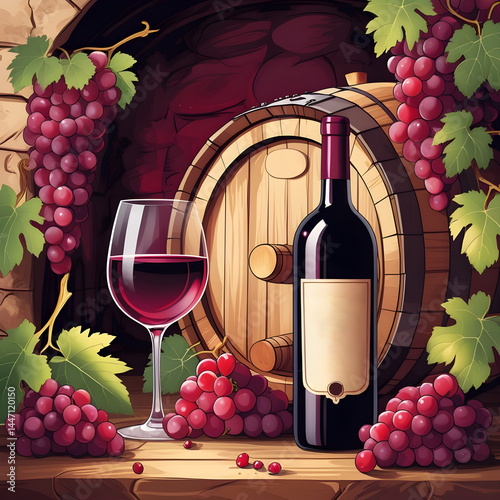 illustration of a bottle of wine and grapes