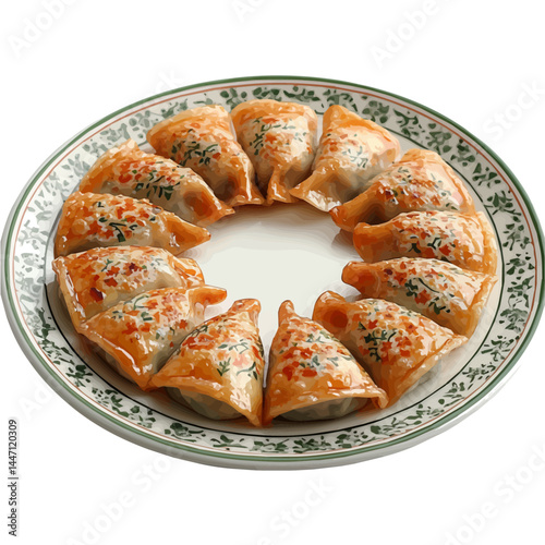 Plate Of Gyoza Arranged In A Circle, watercolor vector, isolated on a white background.