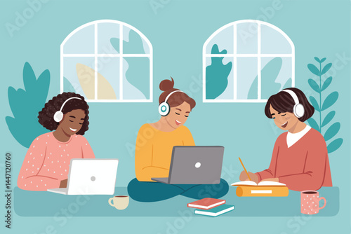 Diverse group of happy freelancers working remotely from home, using laptops, showcasing diverse ethnicities and work styles.