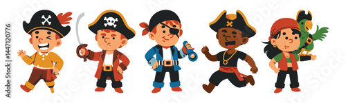A playful cartoon illustration of diverse pirate characters. Perfect for children's books, adventure themes, or seafaring designs.