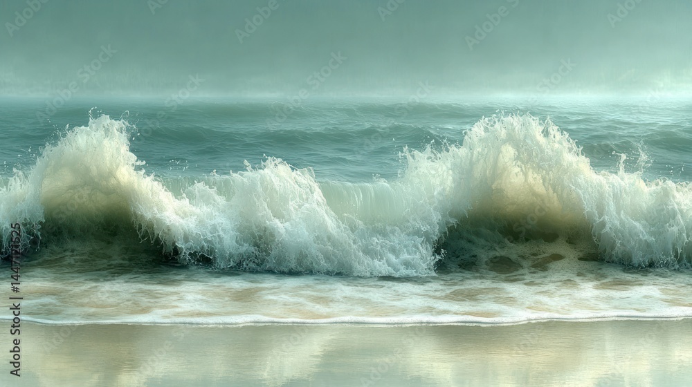 Fototapeta premium Coastal waves crashing on a misty beach
