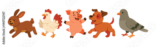 Charming vector illustration of various farm animals depicted in a cheerful cartoon style. A playful ensemble of characters creates a lighthearted composition.