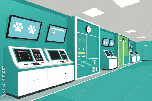 A futuristic veterinary clinic's diagnostic room featuring advanced touchscreen technology, sleek equipment, and a calming atmosphere for animal patients.