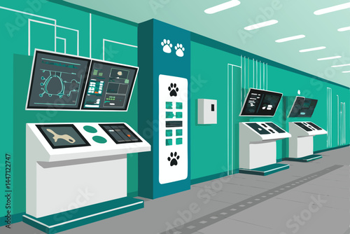 A futuristic veterinary clinic's diagnostic room features sleek, high-tech equipment and a large interactive touch-screen panel for animal health monitoring.