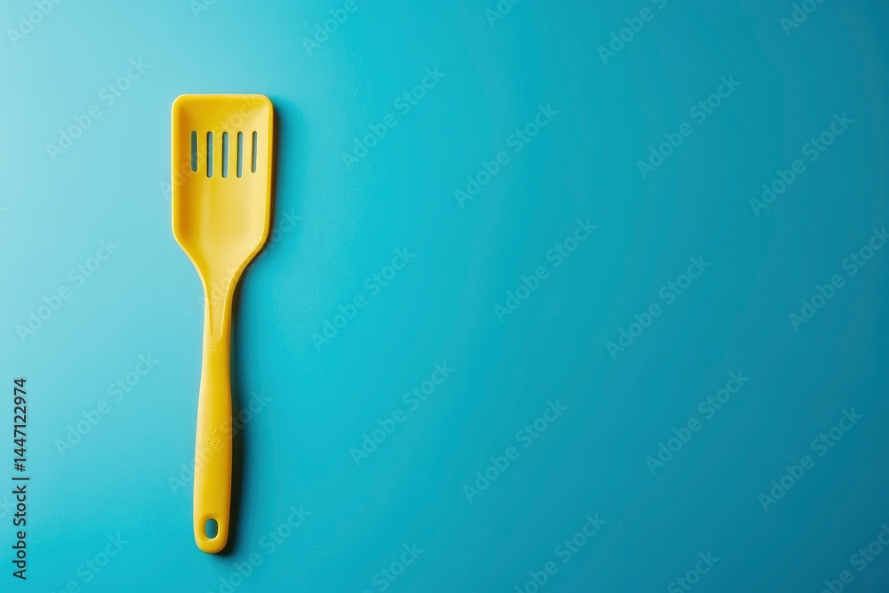 Yellow Plastic Spatula on Teal Background: Minimalist Kitchenware Yellow Plastic Spatula on Teal Background: Minimalist Kitchenware