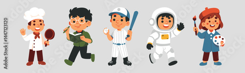 A set of cartoon children dressed as various professionals, including a chef, student, baseball player, astronaut, and artist, symbolizing dreams and aspirations.