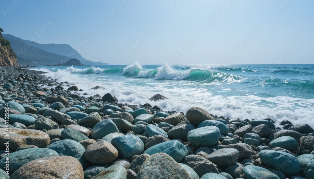 Vibrant Teal Stones and Crashing Waves on a Rocky Shoreline A Stunning Coastal Scene Vibrant Teal Stones and Crashing Waves on a Rocky Shoreline A Stunning Coastal Scene