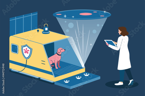 Futuristic veterinary treatment chamber showcasing innovative, high-tech medical equipment; a dog floats within a transparent pod undergoing advanced therapy.