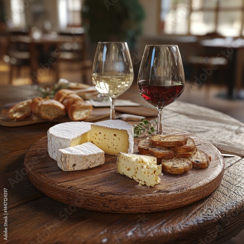 A rustic cheese and wine tasting platter  Slices of various cheeses, crusty bread, and glasses of wine are displayed on a wooden board