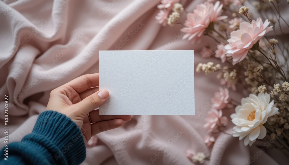 Obraz premium Serene Mockup Blank Notecard Held in Hand, Soft Fabric & Delicate Flowers