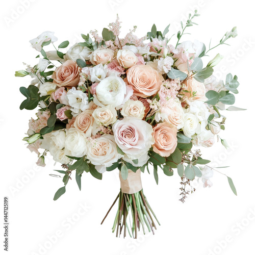 Isolated wedding bouquet in soft hues showcasing romantic roses and delicate greenery for a dreamy celebration, Isolated wedding bouquet in soft hues, a dreamy and romantic floral arrangement