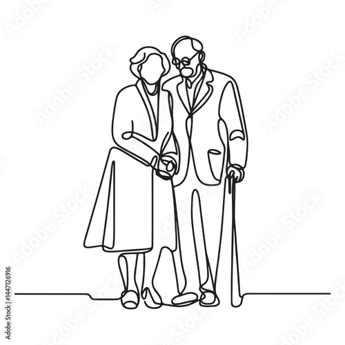 Silhouette of Senior Couple One Line Drawing Loving Connection Art