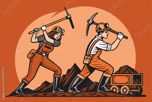 Create a detailed illustration of a female and male coal miner, both strong and determined, wielding pickaxes and lamps underground.  Show gritty realism and authentic mining attire.