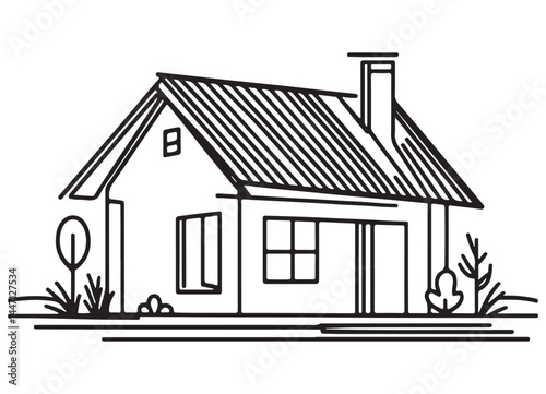 Simple line drawing illustration house with roof sketch and chimney