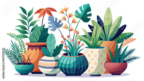 An elegant display of vibrant plants in handcrafted ceramic pots.
Each pot brings charm with soft curves and earthy tones.
Lush foliage adds a natural balance to the composition.
Isolated on white for