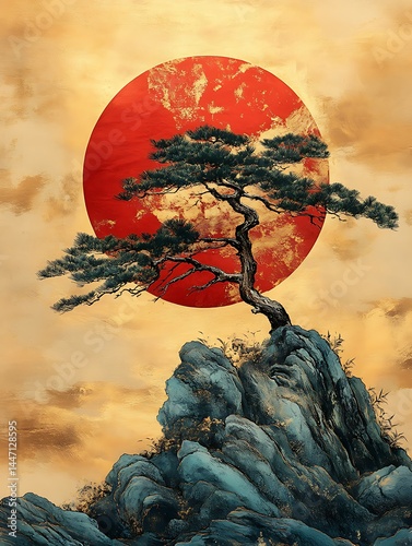 Majestic pine tree atop rocky peak under a vibrant red sun.