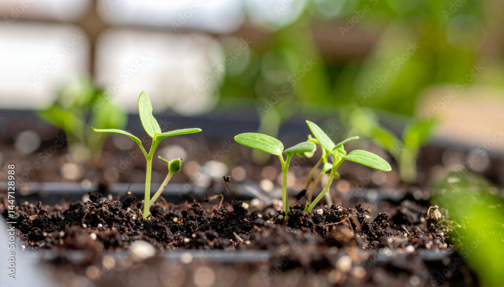 Seedlings growing in rich soil, showcasing vibrant green leaves and delicate stems, symbolize new beginnings and growth in nurturing environment Seedlings growing in rich soil, showcasing vibrant green leaves and delicate stems, symbolize new beginnings and growth in nurturing environment
