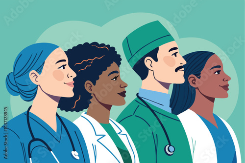 Diverse healthcare team of doctors and nurses collaborating, showcasing inclusivity and teamwork in a modern hospital setting.