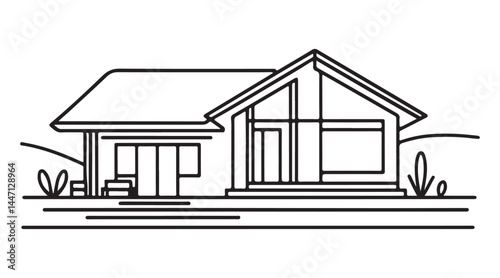 Modern House One Line Vector Drawing with Landscape Detail
