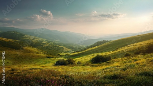 Vast Sunny Countryside Landscape with Rolling Green Hills and Sky