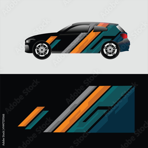 Modern racing car livery design with diagonal geometric shapes in orange, gray, and teal. Perfect for car wrap template, custom vehicle decals, and vinyl graphics for sports and drift cars.