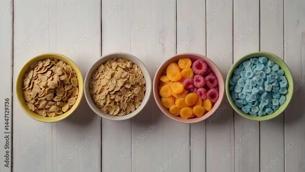 Colorful bowls with various cereals and berries arranged on a white wooden surface in a flat lay composition