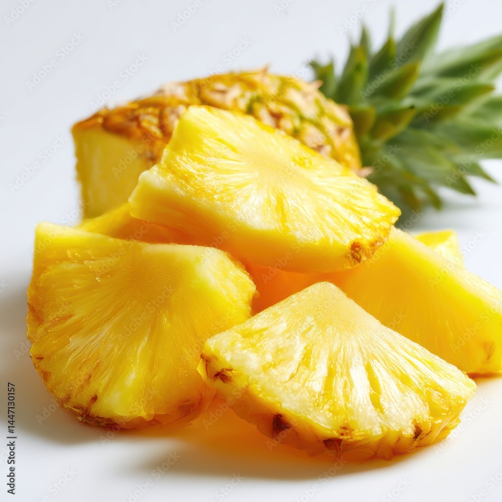 Fototapeta premium Pineapple pieces and fruit arrangement isolated on white background
