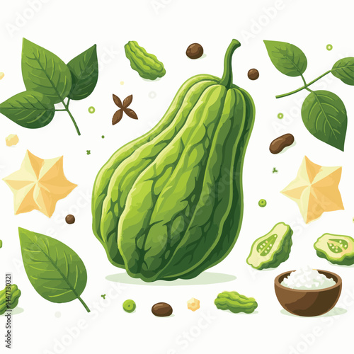 green, organic, fresh, ingredient, food, vegetable, raw, healthy, natural, agriculture, vegetarian, chayote, background, diet, white, fruit, plant, nutrition, vegetables, isolated, nutritious, freshne