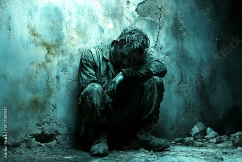 Poverty - cause of depression: abstract image of health condition. Deep sadness. Metaphorical poverty feelings of a loss of pleasure or interest. Self-love and healing. Depression symptoms.