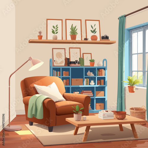 Cozy and inviting living room with a comfortable armchair, filled with books, plants, and framed artwork.