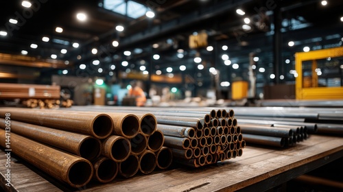 Industrial steel pipes stacked in manufacturing facility