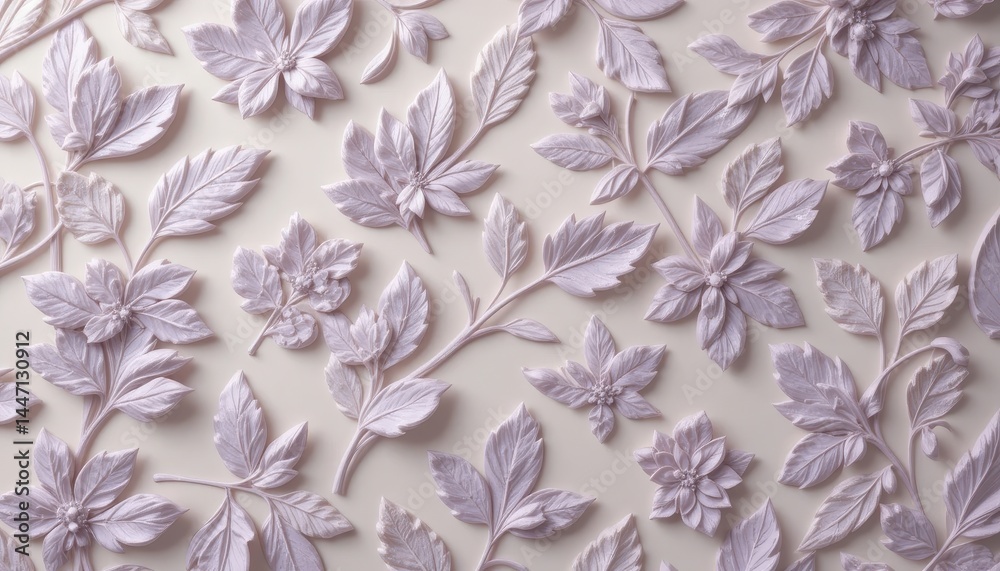 Soft Lavender Embossed Floral Leaf Pattern Pale Ivory Background, 3D Texture