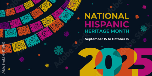 Hispanic heritage month 2025. Vector web banner, poster, card for social media, networks. Greeting with national Hispanic heritage month text, ornament on black background. Logo 2025.