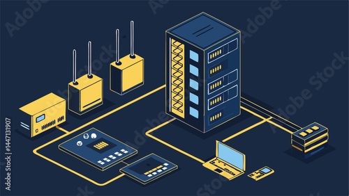 Create a detailed isometric vector illustration of a modern data center, showcasing servers, networking equipment, and cooling systems.  Include realistic textures and lighting.