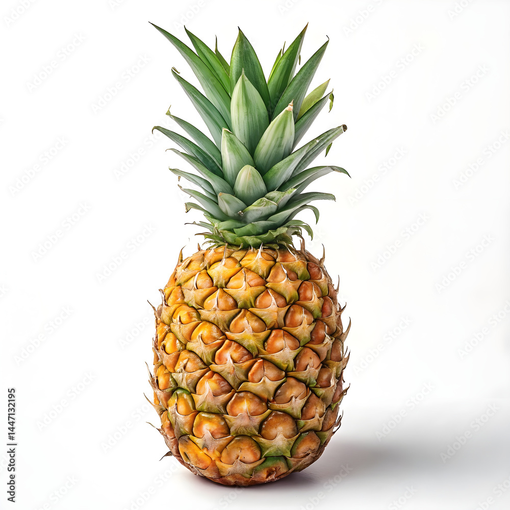 Fototapeta premium A whole fresh pineapple, with a green, spiky crown and a textured golden-brown skin, showcasing its tropical appearance and vibrant color.