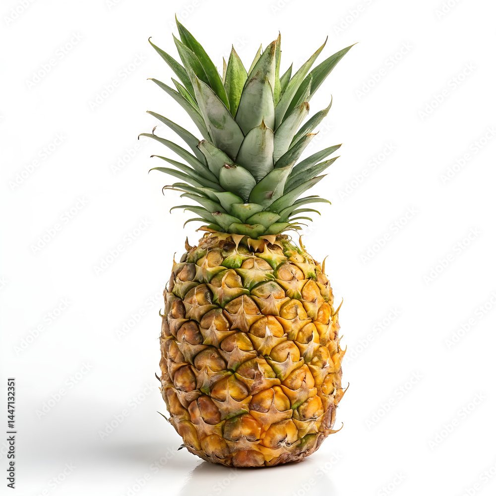 Fototapeta premium A whole fresh pineapple, with a green, spiky crown and a textured golden-brown skin, showcasing its tropical appearance and vibrant color.