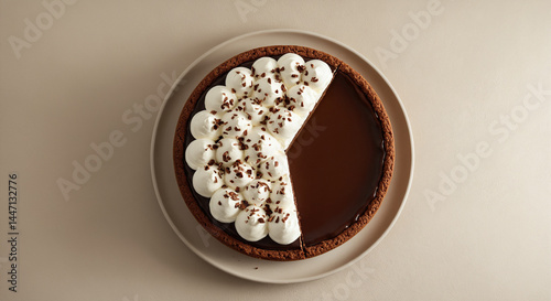 Delicious Chocolate Chiffon Pie With Whipped Cream on White Plate with copy space