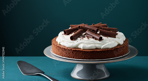 Decadent Chocolate Chiffon Tart with Whipped Cream and Chocolate Shavings on Cake Stand against Dark Green Background
