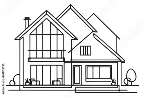 Modern House Vector Illustration with Garden and Trees Landscape