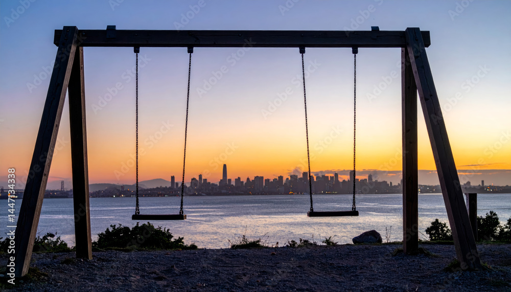 Fototapeta premium serene view of empty swings silhouetted against vibrant sunset over city skyline, evoking sense of nostalgia and tranquility. calm waters reflect warm hues of evening sky
