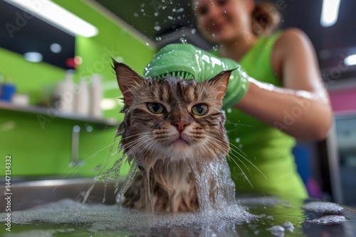 In a bright grooming room, a young woman playfully rinses a wet, fluffy cat, capturing a humorous moment with a look of disdain from the feline