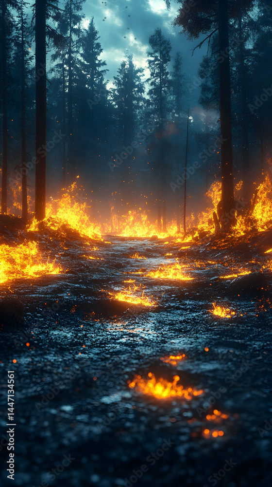 Forest fire at night, vivid flames consuming the ground amidst dark trees Forest fire at night, vivid flames consuming the ground amidst dark trees