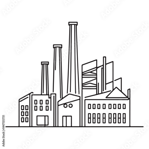 Industrial Factory Silhouette Line Art Vector Building Illustration