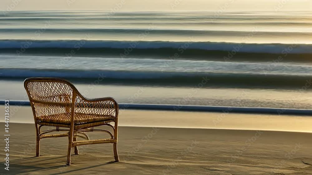 Empty wicker chair on a beach at sunrise. Gentle waves roll in
