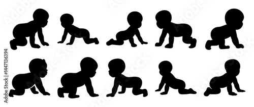 A collection of black silhouette drawings showing babies crawling on the floor