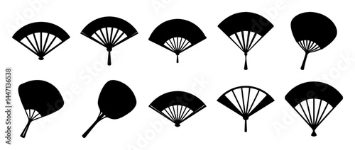 Collection of elegant black and white silhouettes of Japanese and Chinese fans