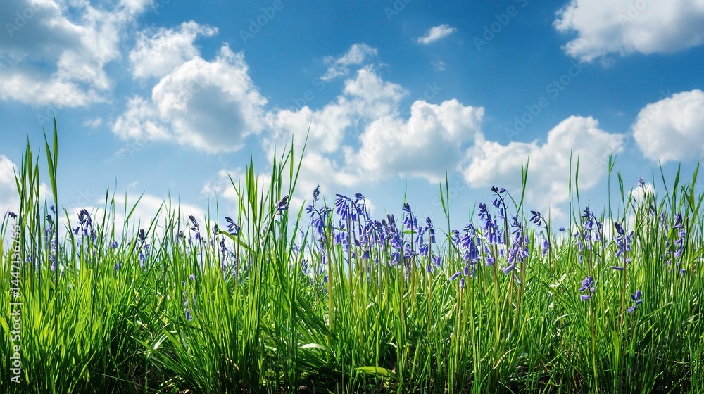 Fototapeta premium Lush Green Grass Field with Blooming Blue Flowers Under Bright Sky