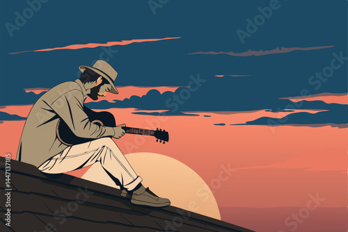 A man serenely sits atop a city rooftop, acoustic guitar in hand, enjoying the sunset's warm hues.